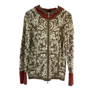 Neve Merino Wool Sweater Full Zip Hooded Brown Orange Striped Patterned Women XL